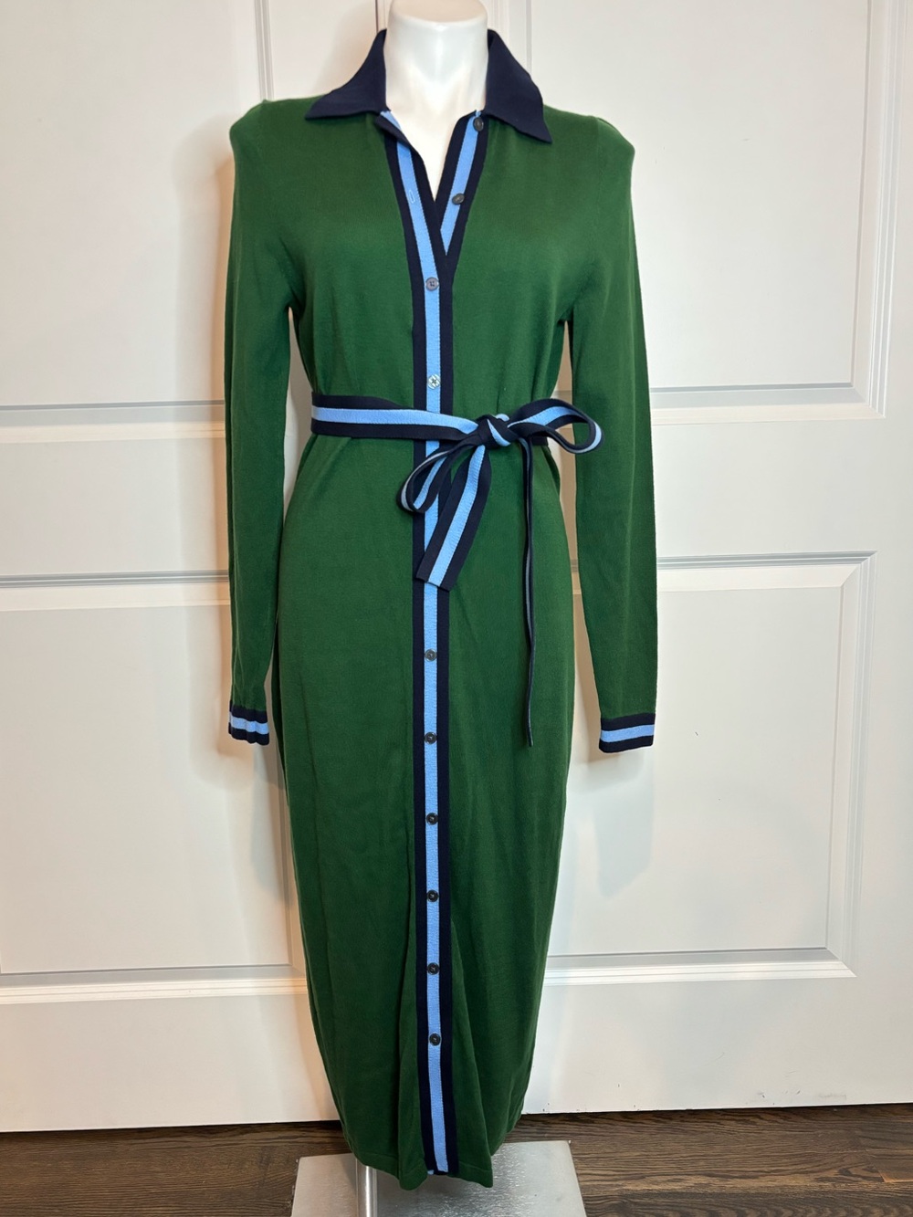Boden Victoria Green Blue Knitted Collar Button Front Tie Waist Midi Dress 8